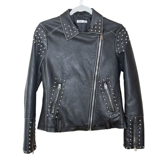 Faux Leather Biker Jacket Sz Small Goth Baddie Halloween Zip Cuffs Dex NO BELT - Picture 1 of 16